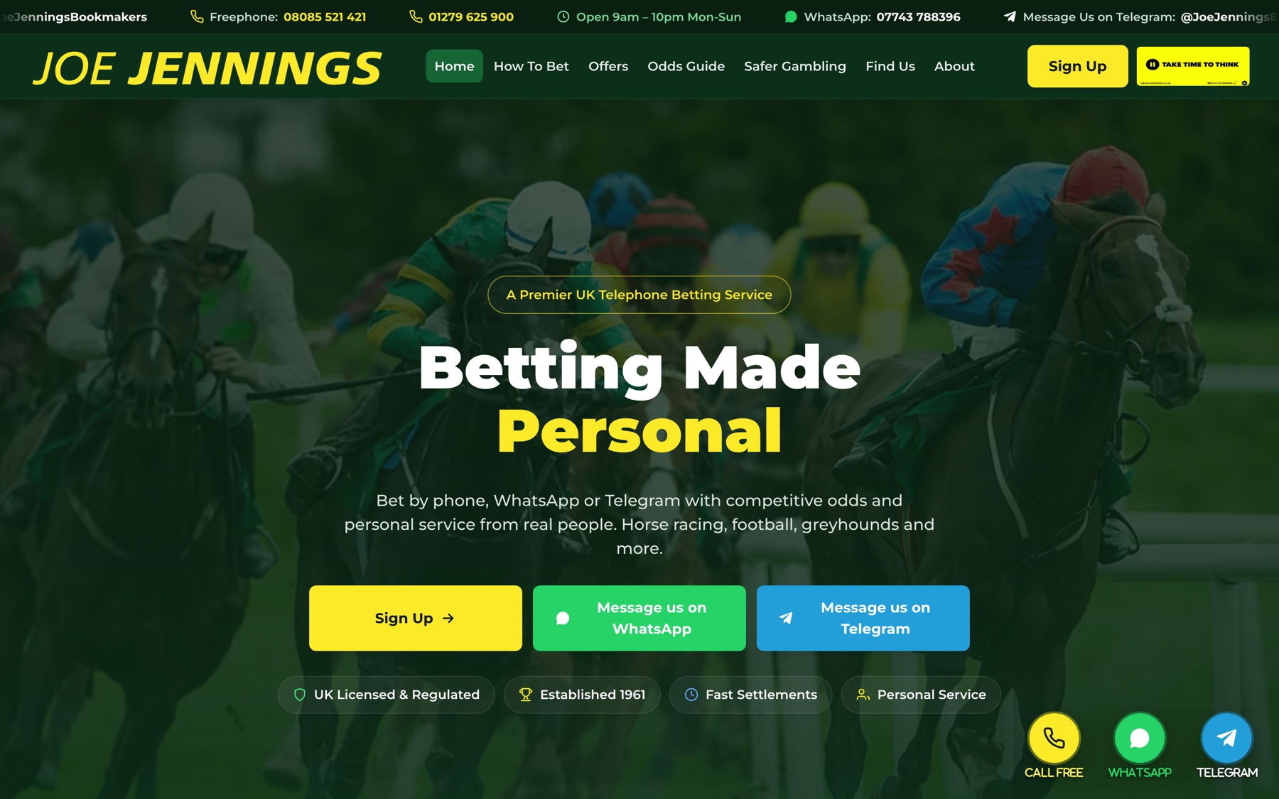 Jennings website home page: Betting Made Personal, with ways to bet by phone, WhatsApp or Telegram.