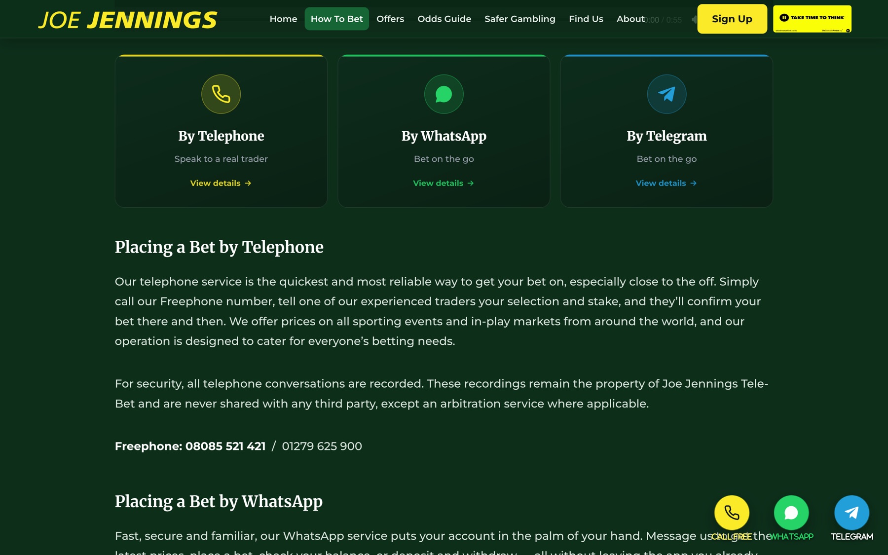 Jennings website How To Bet page covering telephone, WhatsApp and Telegram.