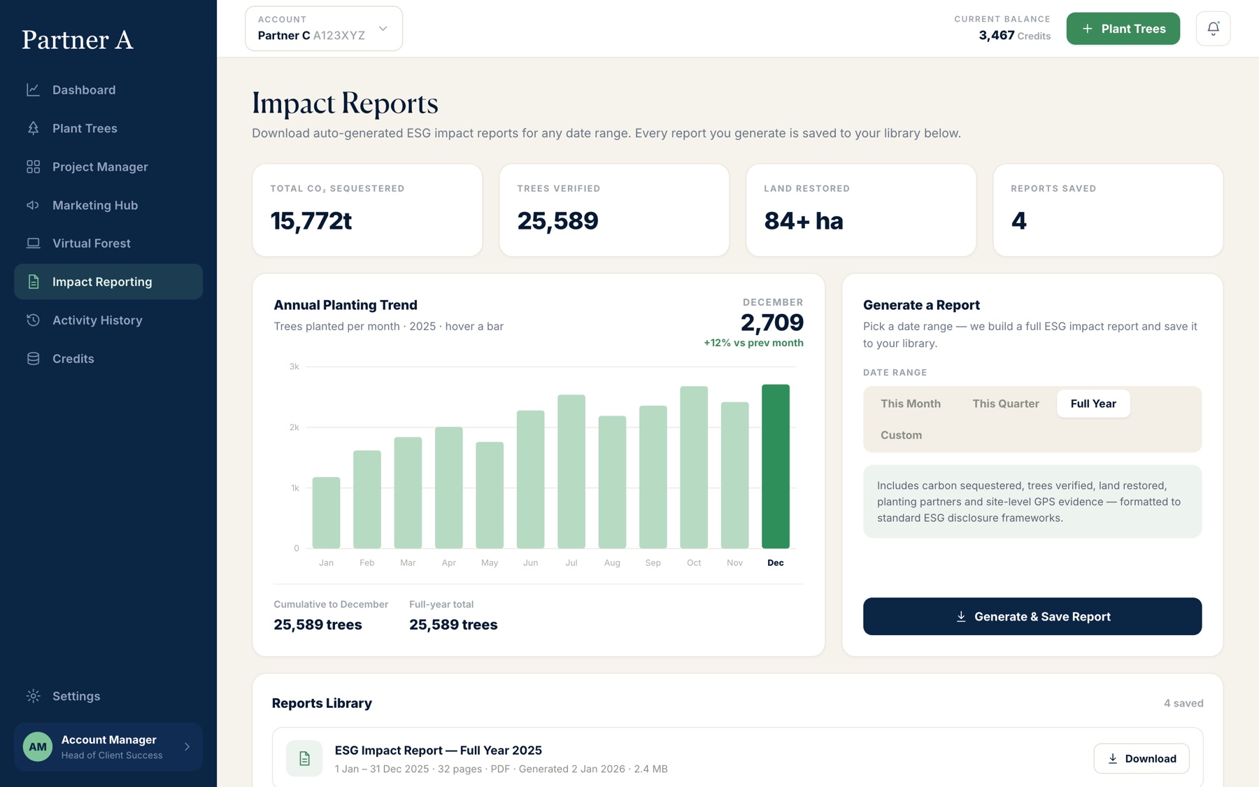 Impact reporting page with a monthly planting chart and a tool to generate reports.