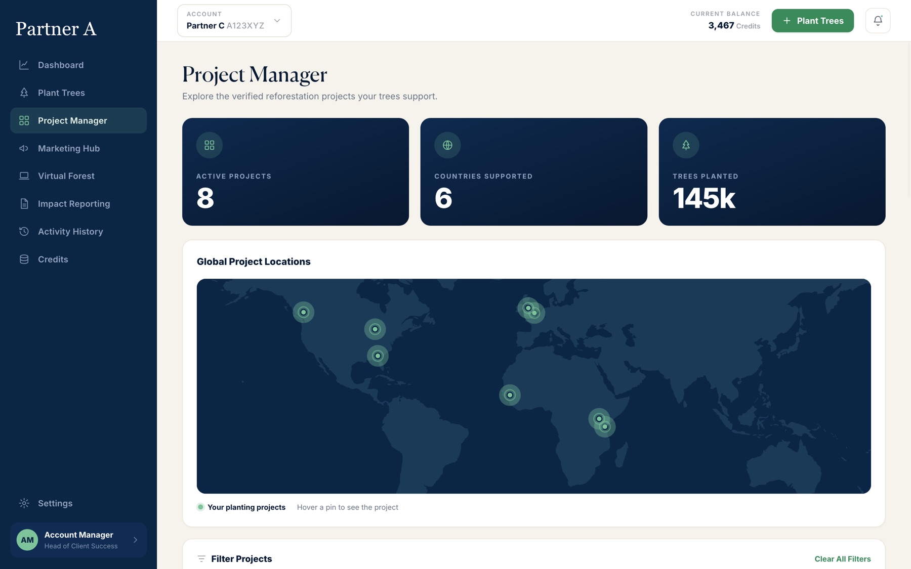 Project manager page with a world map of planting projects.